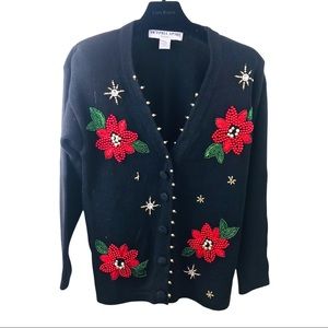 90's Christmas Poinsettia Cardigan Sweater Small Petite